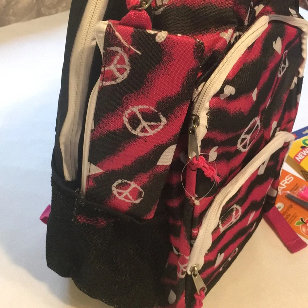 Backpack NEW 10 Pc Back to School Pink Hearts Peace signs markers scissors, More